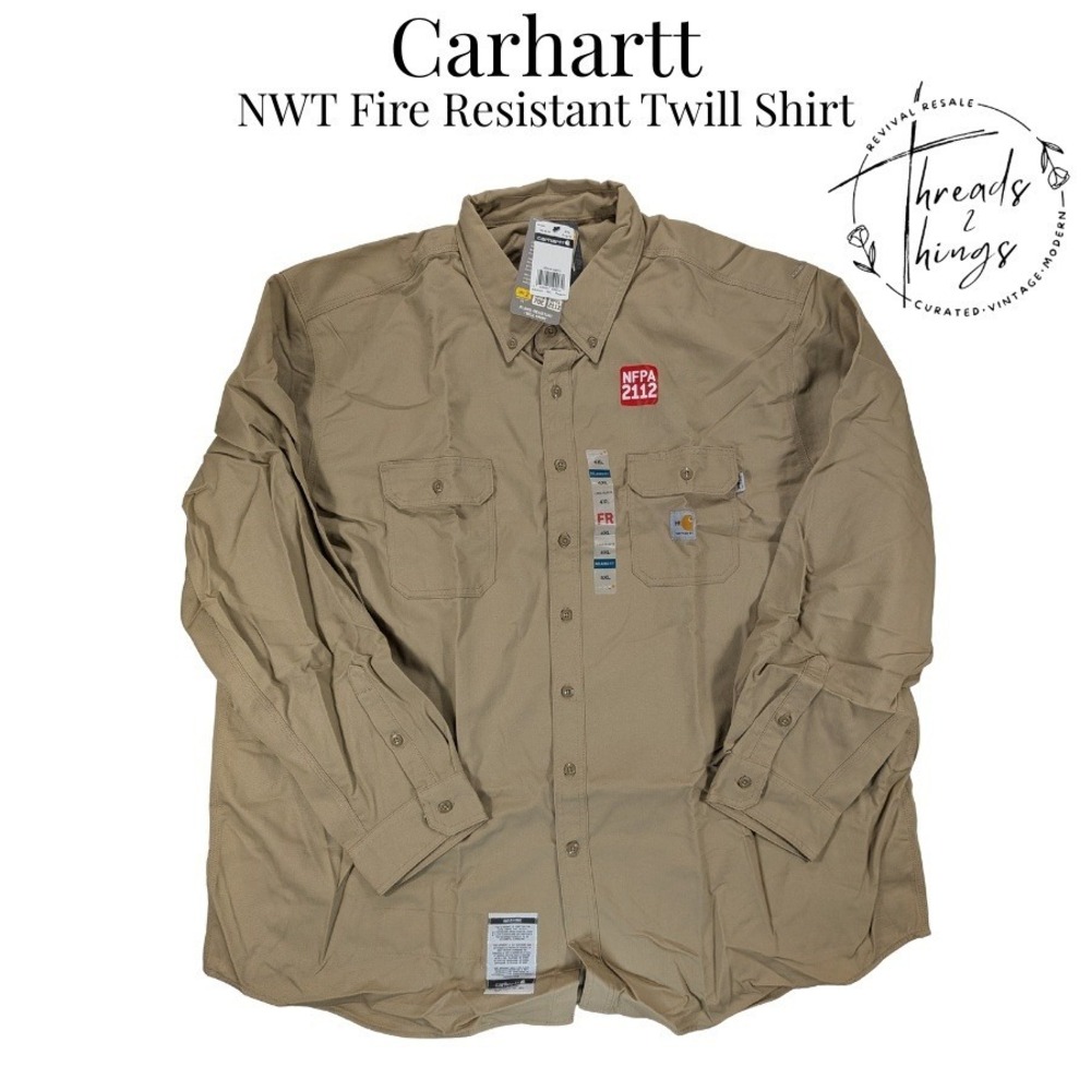 NWT Carhartt Twill Shirt Men 4XL Khaki Fire Resistant NFPA 2112 Relaxed Workwear